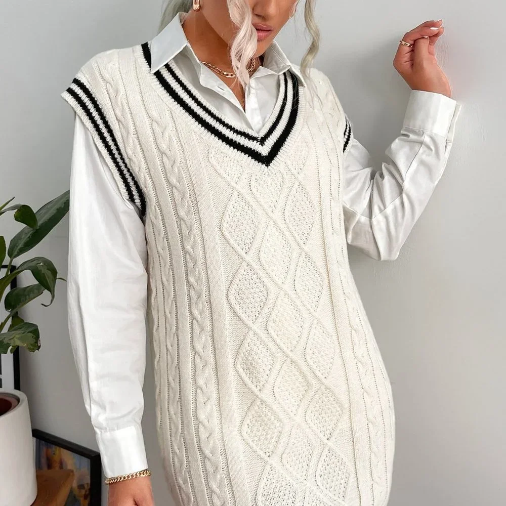 White Preppy Womens Striped Trim Cable Knit Sweater Dress - Picture 3 of 5